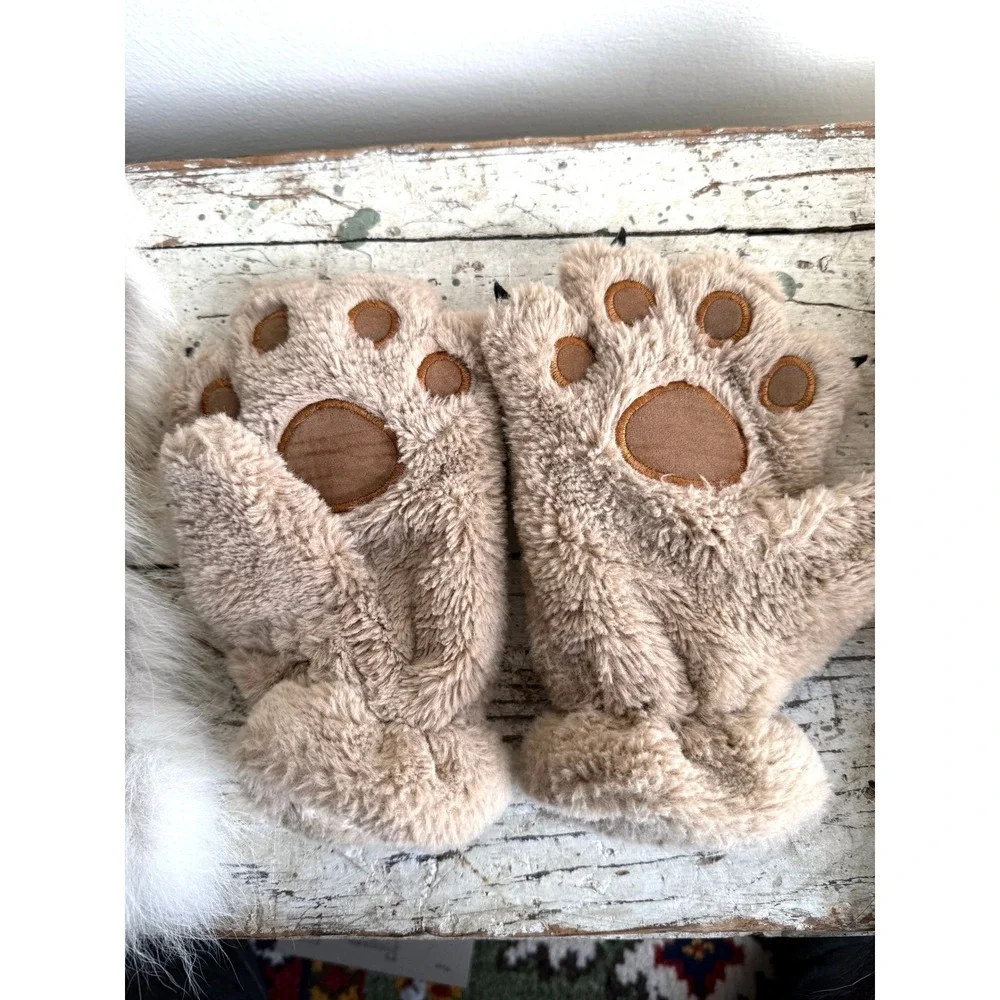 Kids Paw Mittens and Real Fur Tail Set Tan Brown White Cosplay Costume Furries